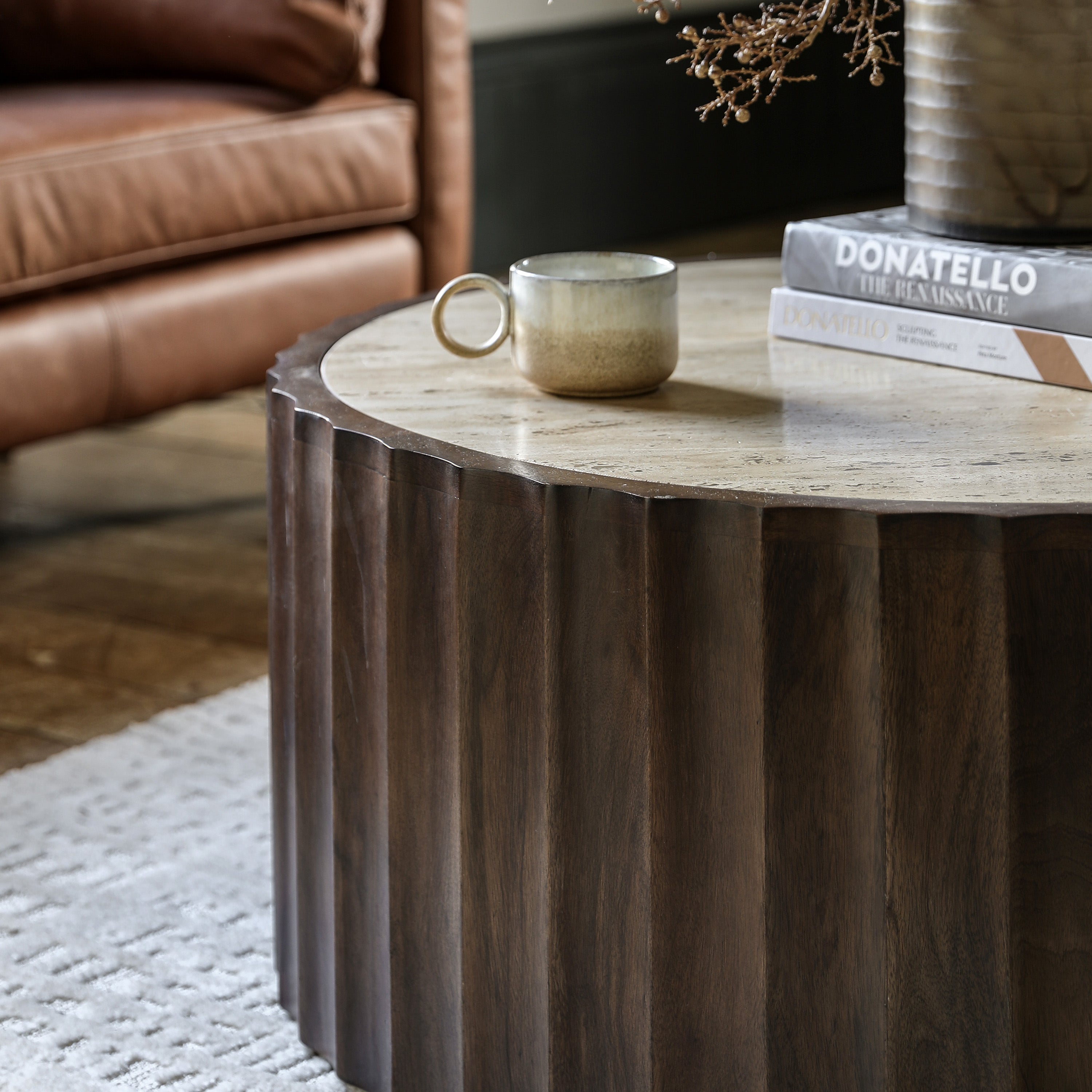 Milena Brown Mango Wood & Travertine Round Coffee Table